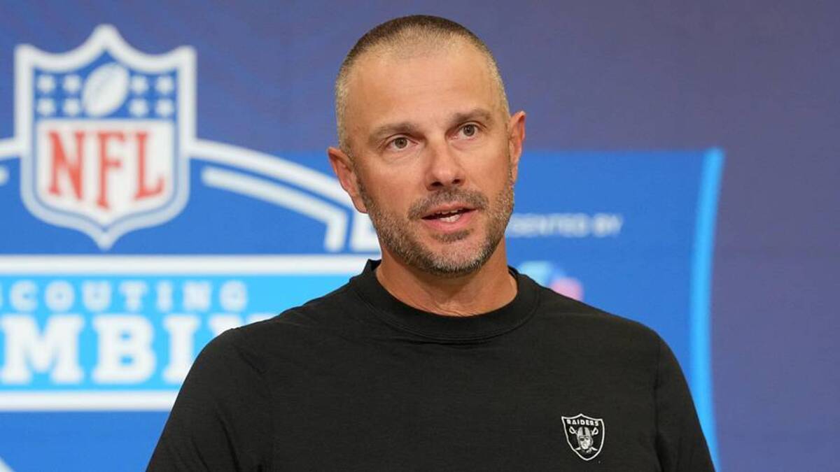  Feb 24, 2026; Indianapolis, IN, USA; Las Vegas Raiders general manager John Spytek speaks at the NFL Scouting Combine at the Indiana Convention Center. Mandatory Credit: Kirby Lee-Imagn Images | Kirby Lee-Imagn Images 