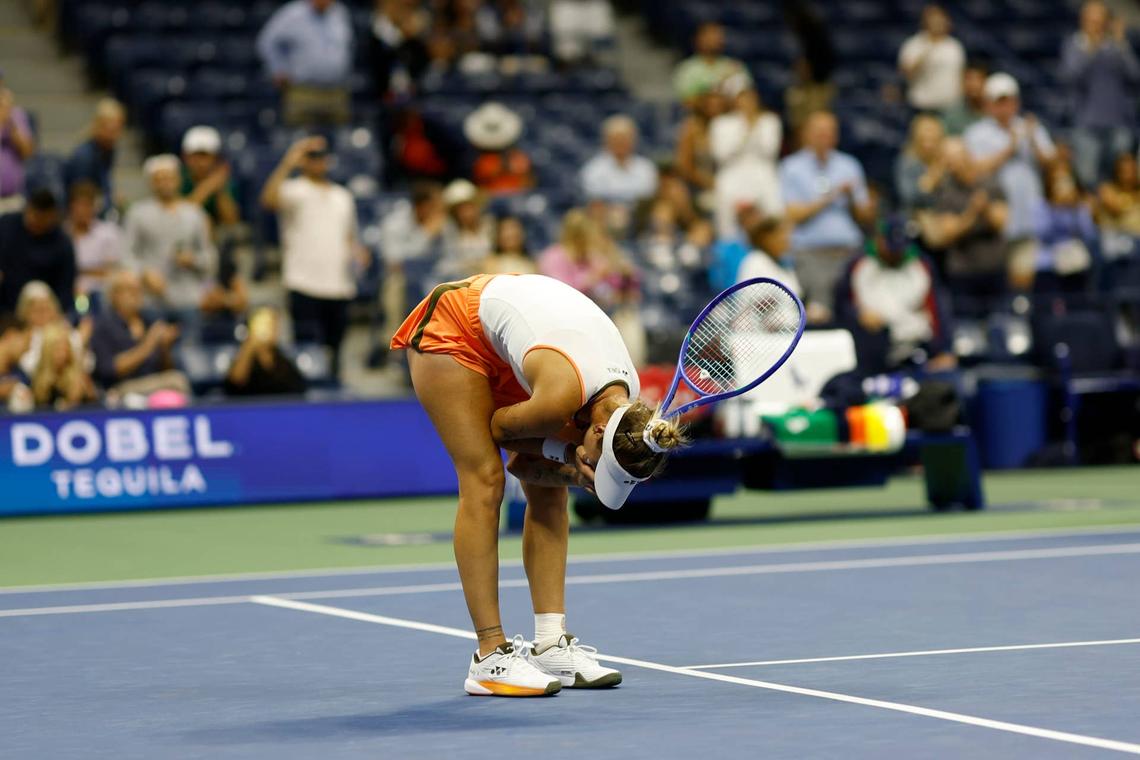  Aug 31, 2025; Flushing, NY, USA; Marketa Vondrousova celebrates after match point against Elena Rybakina (KAZ) (not pictured) on day eight of the 2025 US Open tennis championships at Billie Jean King National Tennis Center. Mandatory Credit: Geoff Burke-Imagn Images 