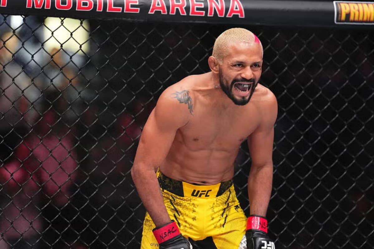  Deiveson Figueiredo stares down his opponent just before the start of a fight inside the UFC Octagon. (via Zuffa LLC)