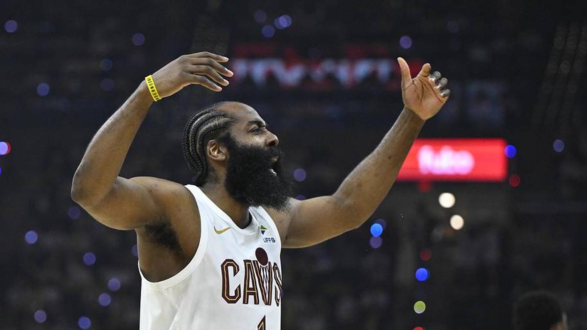  Apr 29, 2026; Cleveland, Ohio, USA; Cleveland Cavaliers guard James Harden (1) celebrates against the Toronto Raptors in the third quarter of game five of the first round of the 2026 NBA Playoffs at Rocket Arena. | David Richard-Imagn Images 