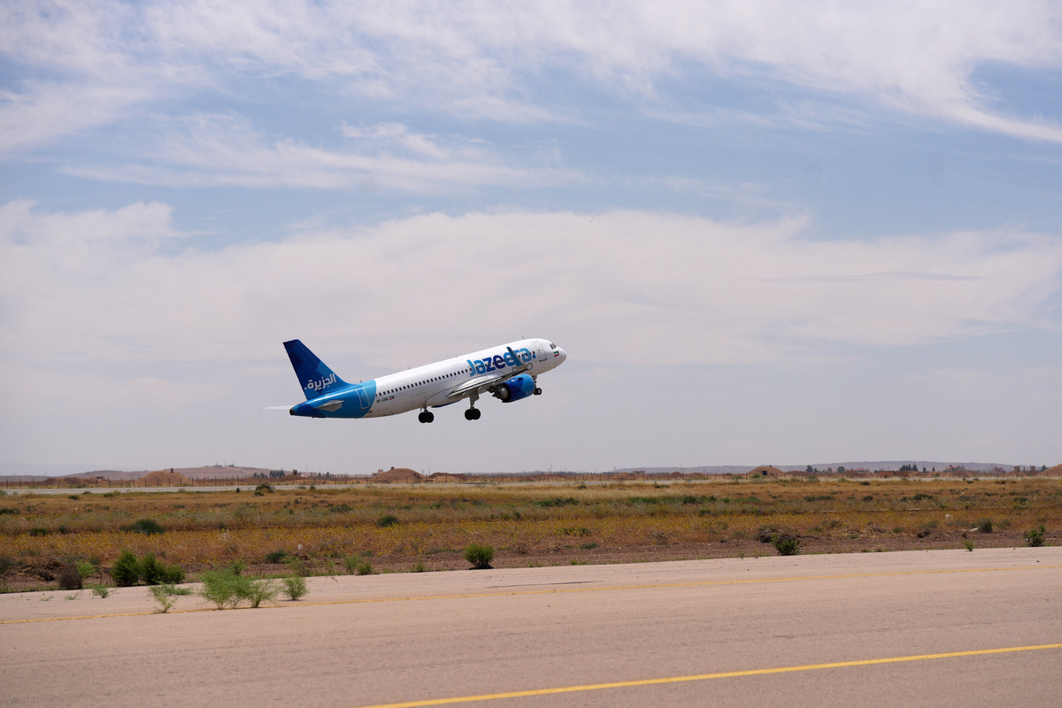 A Jazeera Airways Airbus A320neo takes off from Damascus International Airport, as regional airlines resume their flights to Syria after a hiatus because of the war, in Damascus, Syria, May 31, 2026. Syria's General Authority of Civil Aviation/Handout via REUTERS