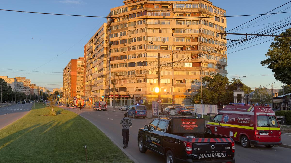 Firefighters and law enforcement work on the site of an explosion at a residential block of flats following a drone hit close to the border with Ukraine, in Galati, Romania, May 29, 2026. Inquam Photos via REUTERS