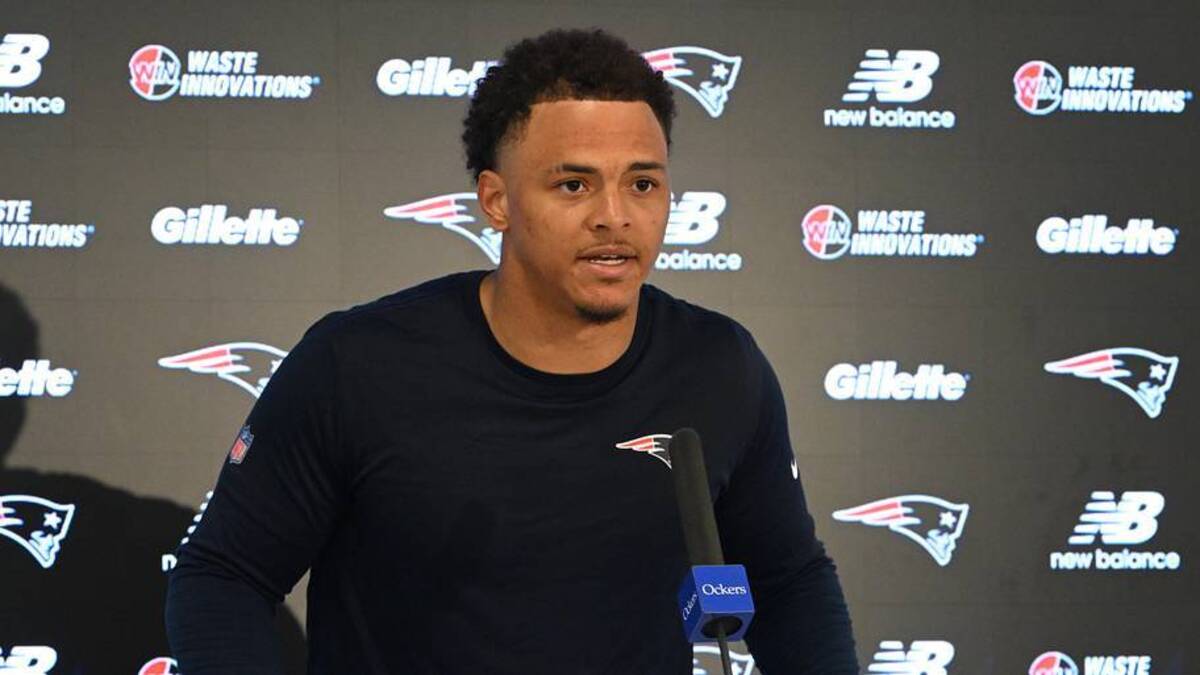  May 9, 2026; Foxborough, MA, USA; New England Patriots linebacker Namdi Obiazor (48) takes questions from the media after rookie camp at Gillette Stadium. Mandatory Credit: Eric Canha-Imagn Images | Eric Canha-Imagn Images 