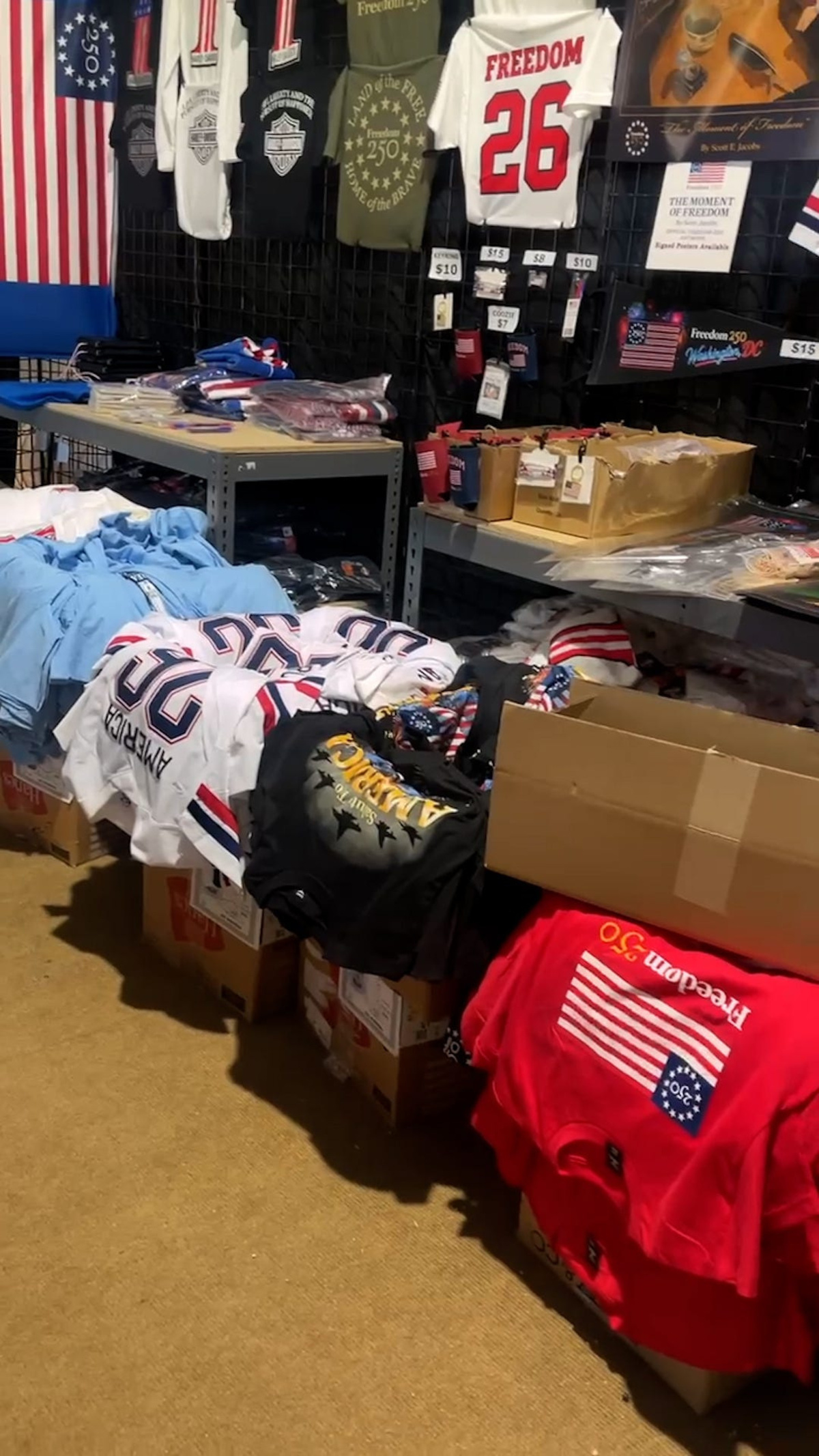 Unsold merchandise behind the counter at the merchandise booth inside the Great American State Fair