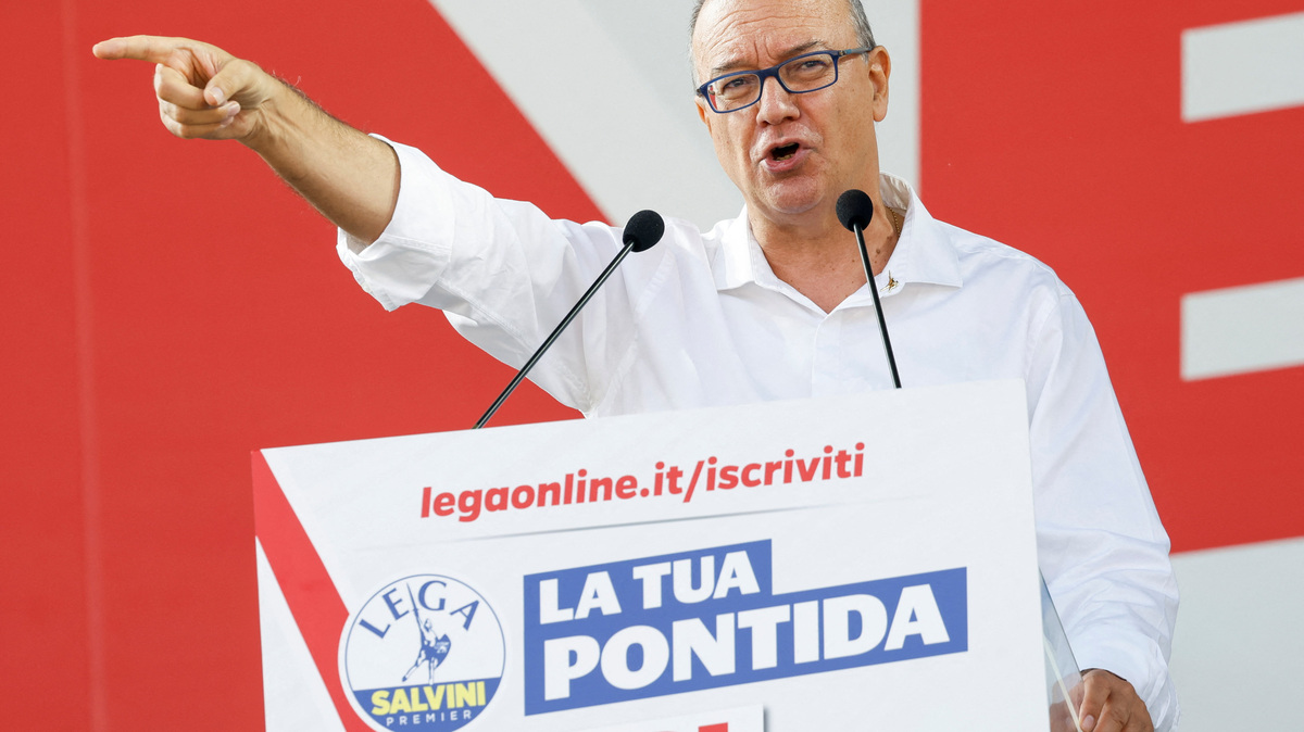 Italian Minister of Education and Merit Giuseppe Valditara speaks on stage at the annual League party rally in Pontida, Italy, September 21, 2025. REUTERS/Remo Casilli