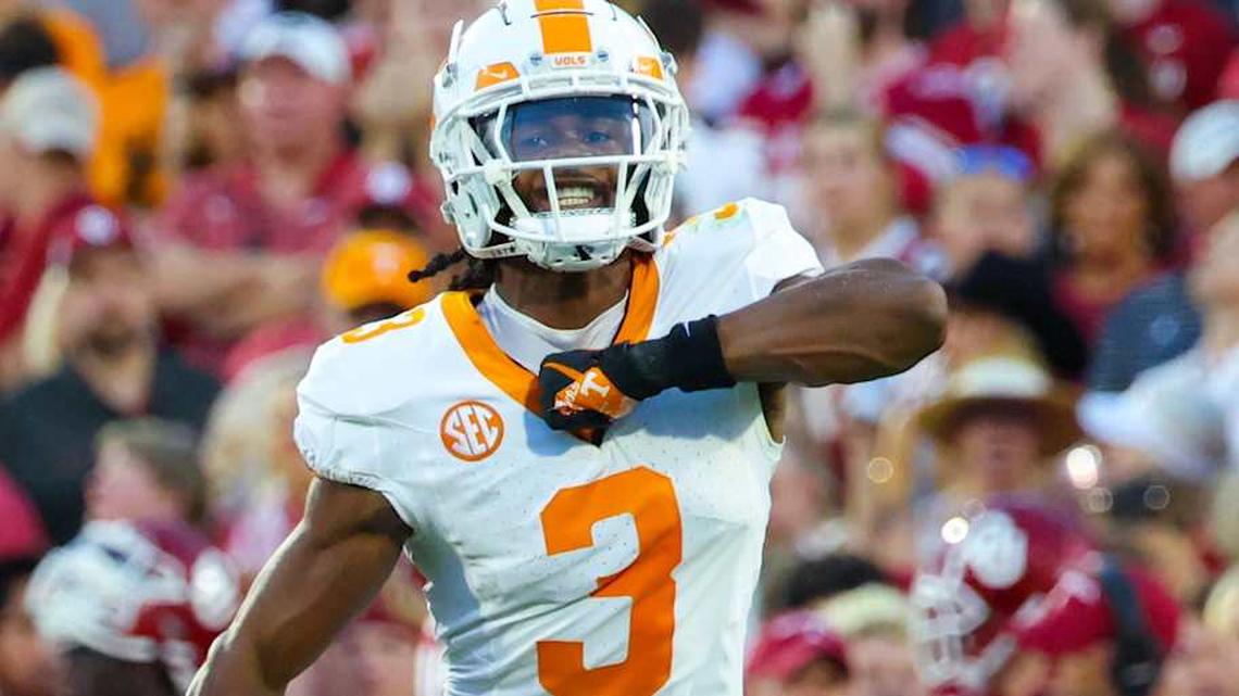  Sep 21, 2024; Norman, Oklahoma, USA; Tennessee Volunteers defensive back Jermod McCoy (3) reacts after making an interception during the first quarter against the Oklahoma Sooners at Gaylord Family-Oklahoma Memorial Stadium. Mandatory Credit: Kevin Jairaj-Imagn Images | Kevin Jairaj-Imagn Images 