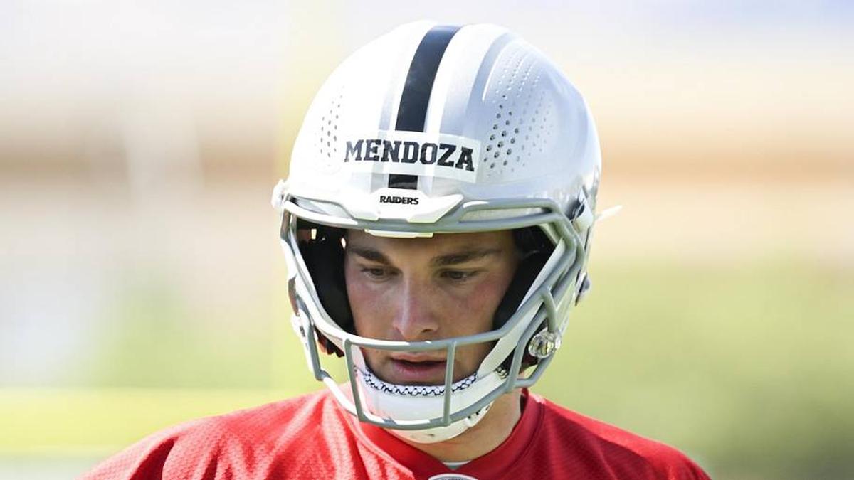  May 2, 2026; Henderson, NV, USA; Las Vegas Raiders quarterback Fernando Mendoza (15) runs through a drill during a Rookie Minicamp at Intermountain Health Performance Center. Mandatory Credit: Candice Ward-Imagn Images | Candice Ward-Imagn Images 