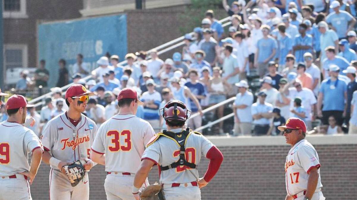  June 7, 2026; Chapel Hill, NC, USA; USC Trojans head coach Andy Stankiewicz approaches the mound to coach his team in the ninth inning against the North Carolina Tar Heels at Boshamer Stadium. Mandatory Credit: Zachary Taft-Imagn Images | Zachary Taft-Imagn Images 