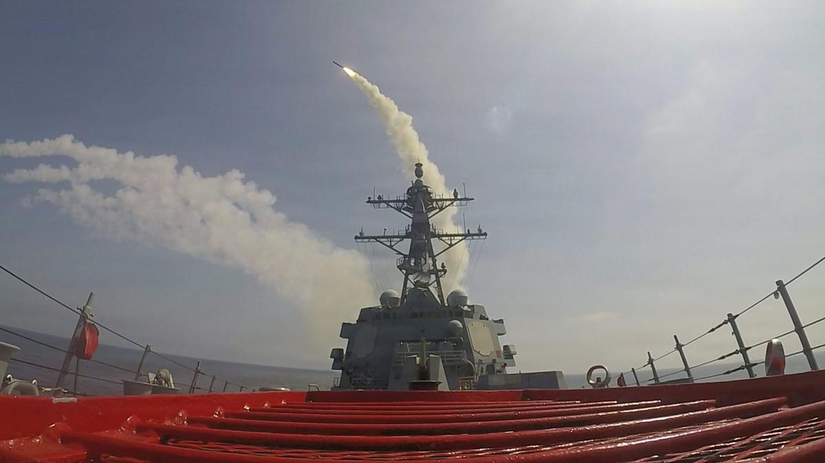 The guided-missile destroyer USS Frank E. Petersen Jr. fires a Tomahawk missile during Operation Epic Fury on Feb. 28, 2026. 