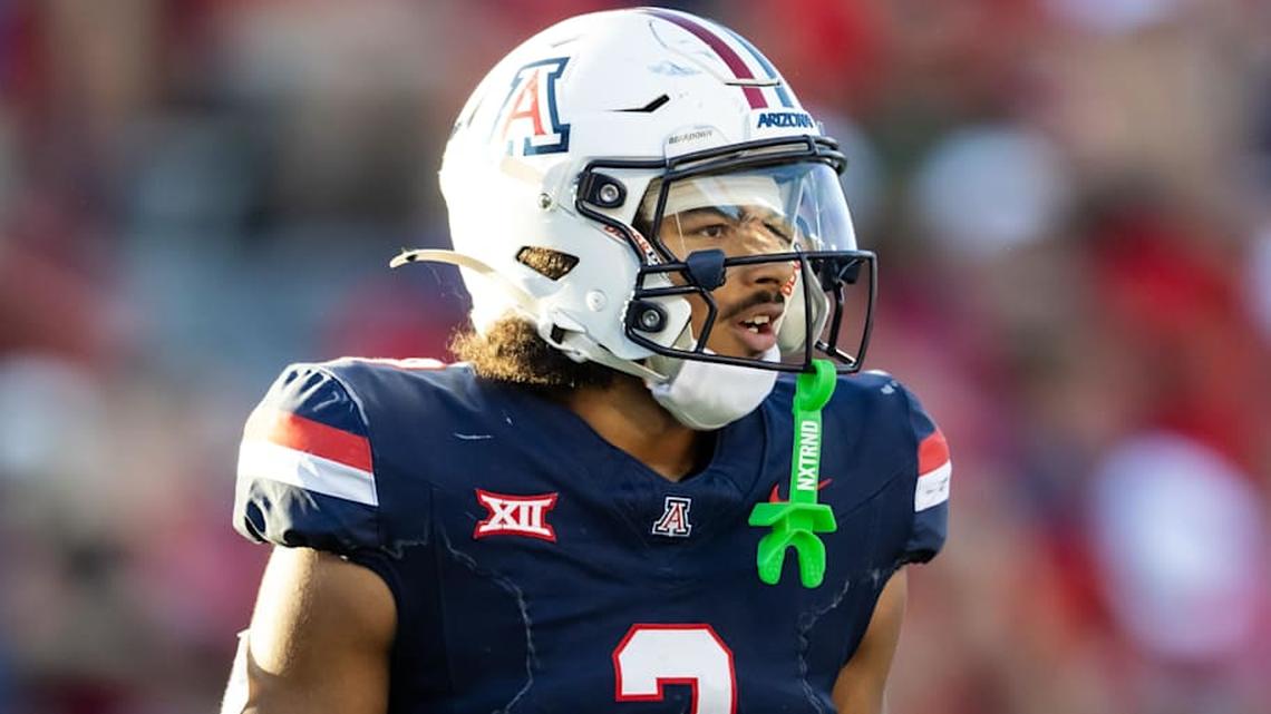  Nov 8, 2025; Tucson, Arizona, USA; Arizona Wildcats defensive back Treydan Stukes (2) against the Kansas Jayhawks in the second half at Arizona Stadium. Mandatory Credit: Mark J. Rebilas-Imagn Images | Mark J. Rebilas-Imagn Images 