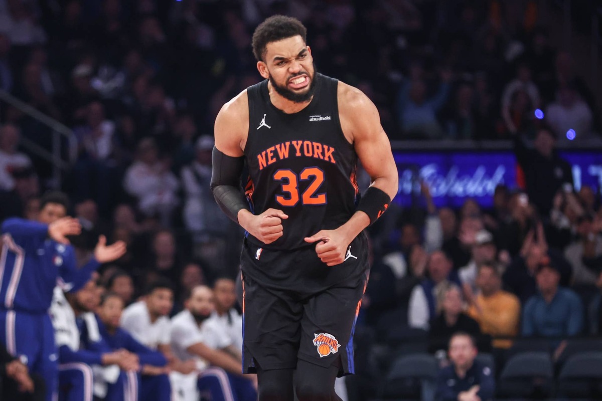  May 6, 2026; New York, New York, USA; New York Knicks center Karl-Anthony Towns (32) celebrates after scoring against the Philadelphia 76ers during game five of the second round of the 2026 NBA Playoffs at Madison Square Garden. Mandatory Credit: Wendell Cruz-Imagn Images 