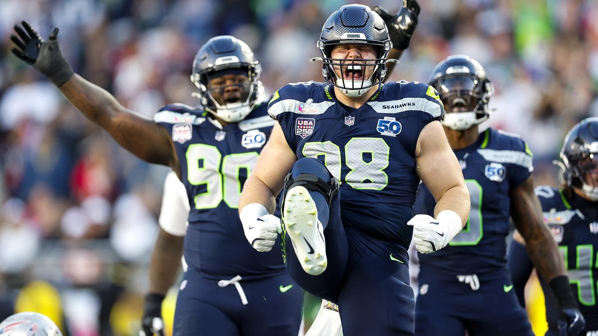 Seattle Seahawks defensive tackle Rylie Mills (98) celebrates his sack on New England Patriots quarterback Drake Maye (10) in the second during Super Bowl LX Sunday, Feb. 8, 2026, at Levi’s Stadium in Santa Clara, California. (Dean Rutz/The Seattle Times/TNS)