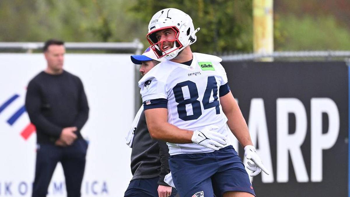  May 9, 2026; Foxborough, MA, USA; New England Patriots tight end Tanner Arkin (84) participates at the New England Patriots rookie camp at Gillette Stadium. Mandatory Credit: Eric Canha-Imagn Images | Eric Canha-Imagn Images 