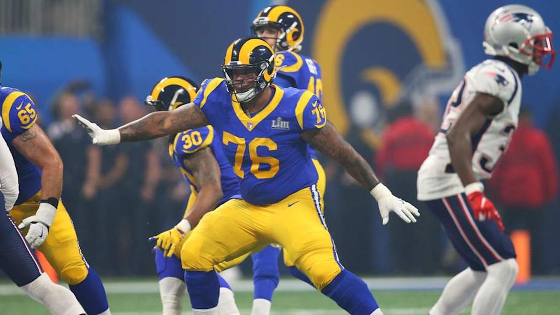  Feb 3, 2019; Atlanta, GA, USA; Los Angeles Rams guard Rodger Saffold (76) during Super Bowl LIII against the New England Patriots at Mercedes-Benz Stadium. Mandatory Credit: Mark J. Rebilas-Imagn Images | Mark J. Rebilas-Imagn Images 