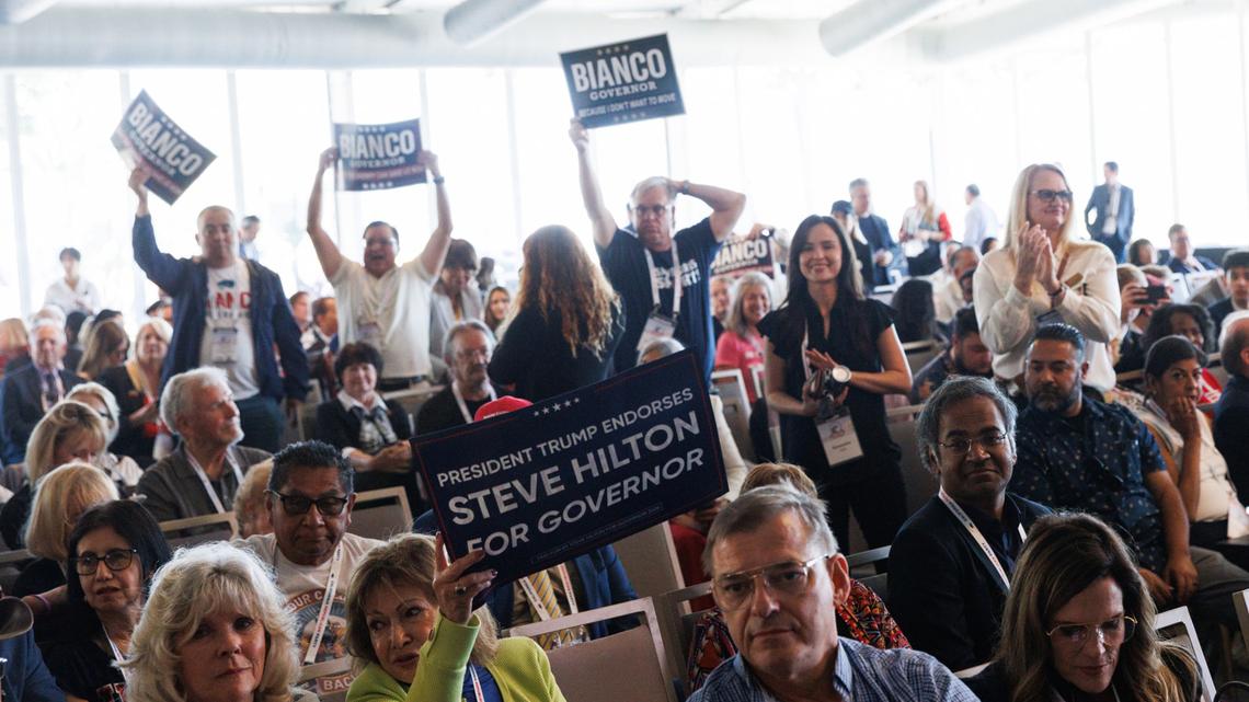 Attendees hold up signs in support of governor candidates Steve Hilton and Riverside County Sheriff Chad Bianco at a candidate forum during the 2026 California Republican Party Spring Convention at the Sheraton San Diego Resort on Saturday, April 11, 2026. (Kristian Carreon/The San Diego Union-Tribune/TNS)