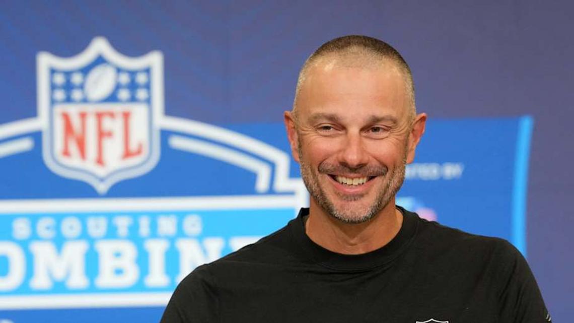  Feb 24, 2026; Indianapolis, IN, USA; Las Vegas Raiders general manager John Spytek speaks at the NFL Scouting Combine at the Indiana Convention Center. Mandatory Credit: Kirby Lee-Imagn Images | Kirby Lee-Imagn Images 