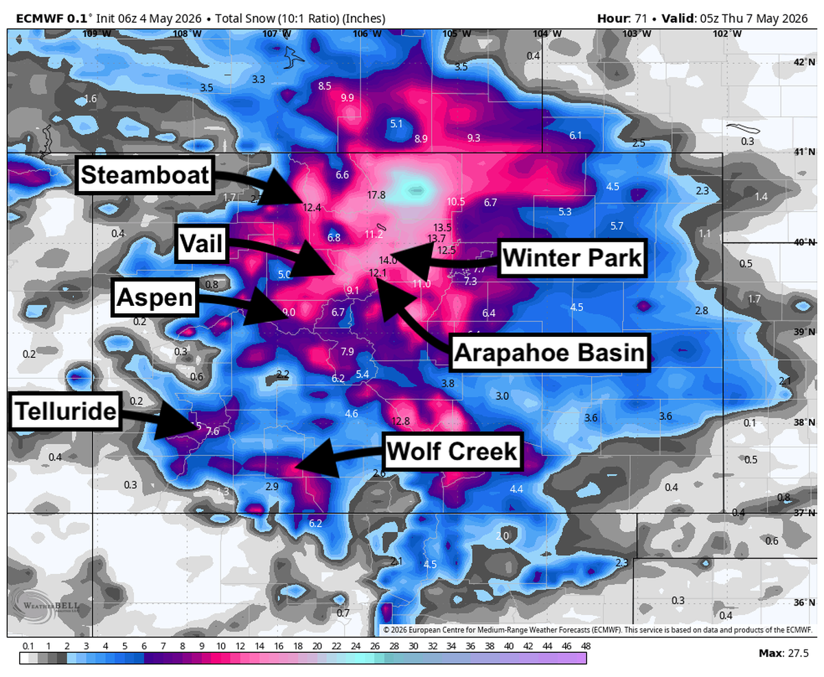  Colorado total snowfall forecast through May 7, 2026.