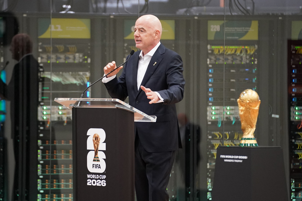 Jun 1, 2026; Dallas, Texas, USA; FIFA President Gianni Infantino speaks during the grand opening of the 2026 FIFA World Cup international broadcast center at Kay Bailey Hutchison Convention Center. Mandatory Credit: Raymond Carlin III-Imagn Images