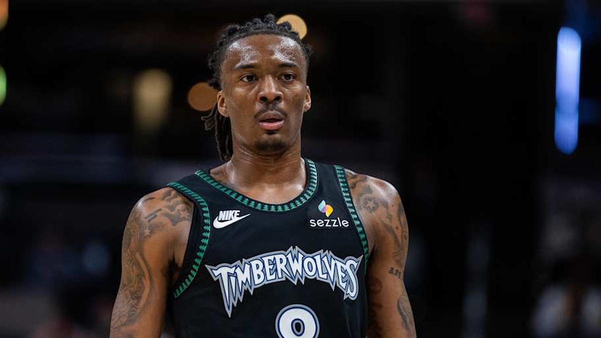  Apr 7, 2026; Indianapolis, Indiana, USA; Minnesota Timberwolves guard Bones Hyland (8) looks on in the second half against the Indiana Pacers at Gainbridge Fieldhouse. | Trevor Ruszkowski-Imagn Images 