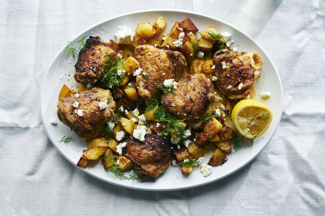 Sheet-pan chicken and potatoes with feta, lemon and dill. The flavors are timeless and the dish is easy enough to throw together whenever you have time, but elegant if you serve it all on a big platter. Food styled by Simon Andrews. (David Malosh/The New York Times)