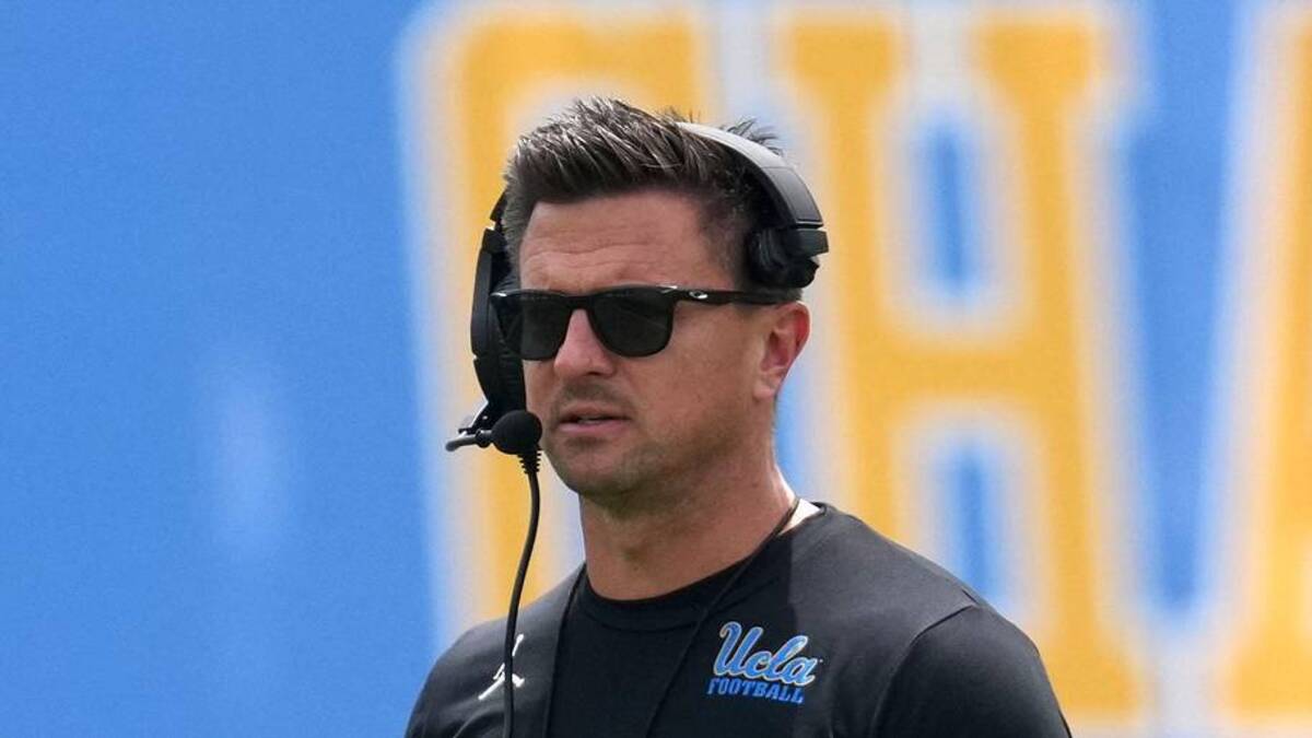  May 2, 2026; Pasadena, CA, USA; UCLA Bruins coach Bob Chesney reacts during the spring game at Rose Bowl. Mandatory Credit: Kirby Lee-Imagn Images | Kirby Lee-Imagn Images 
