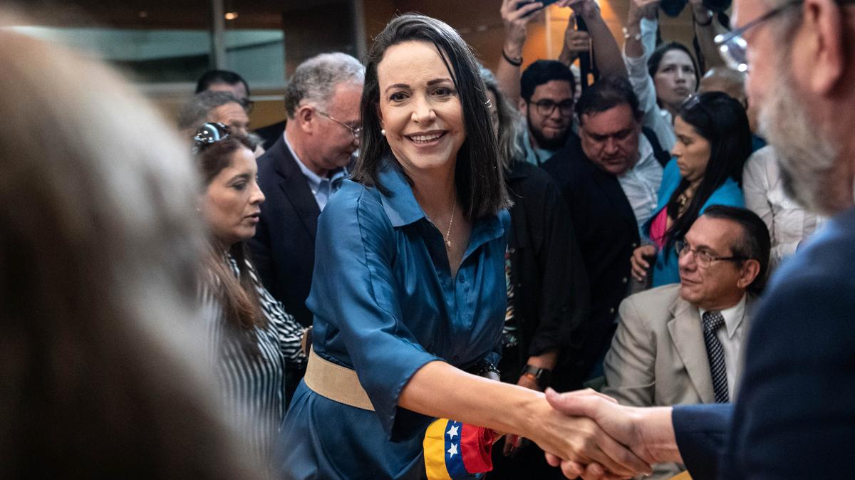 Then opposition leader Maria Corina Machado meets with the national primary commission on June 23, 2023, in Caracas, Venezuela.