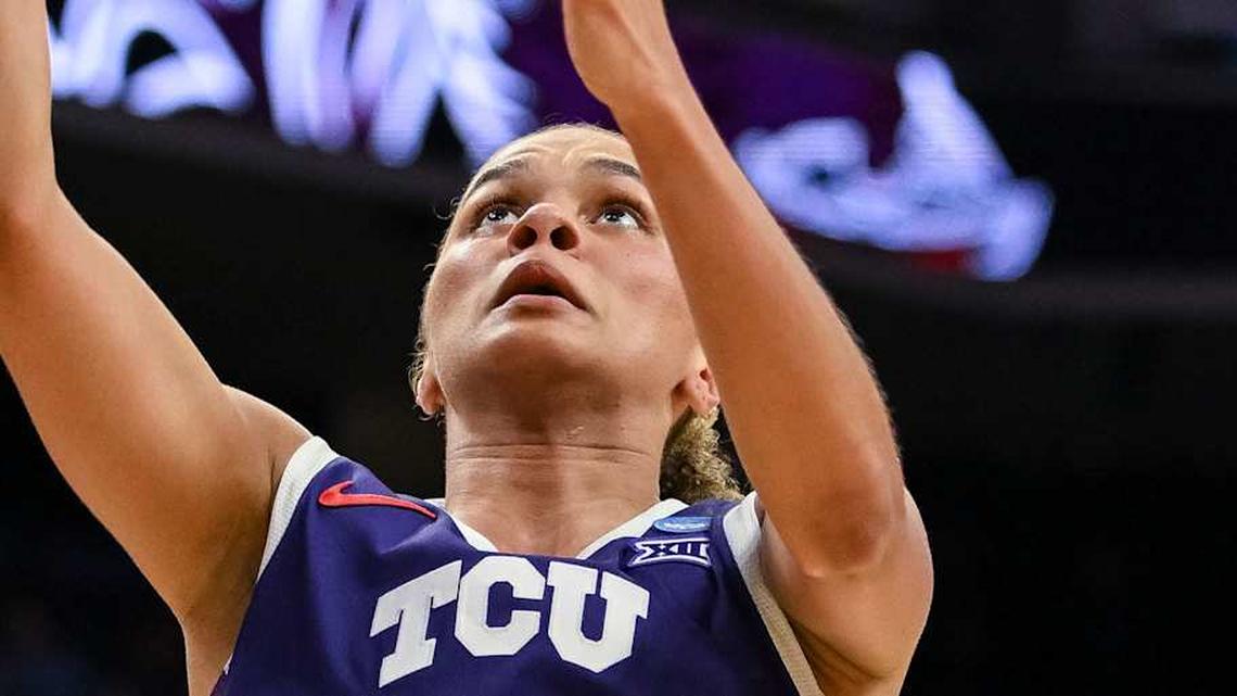  Mar 30, 2026; Sacramento, CA, USA; Texas Christian University Horned Frogs guard Donovyn Hunter (4) puts up a shot against the South Carolina Gamecocks in an Elite Eight game in the Sacramento Regional 4 of the women's 2026 NCAA Tournament at the Golden 1 Center. Mandatory Credit: Ed Szczepanski-Imagn Images | Ed Szczepanski-Imagn Images 