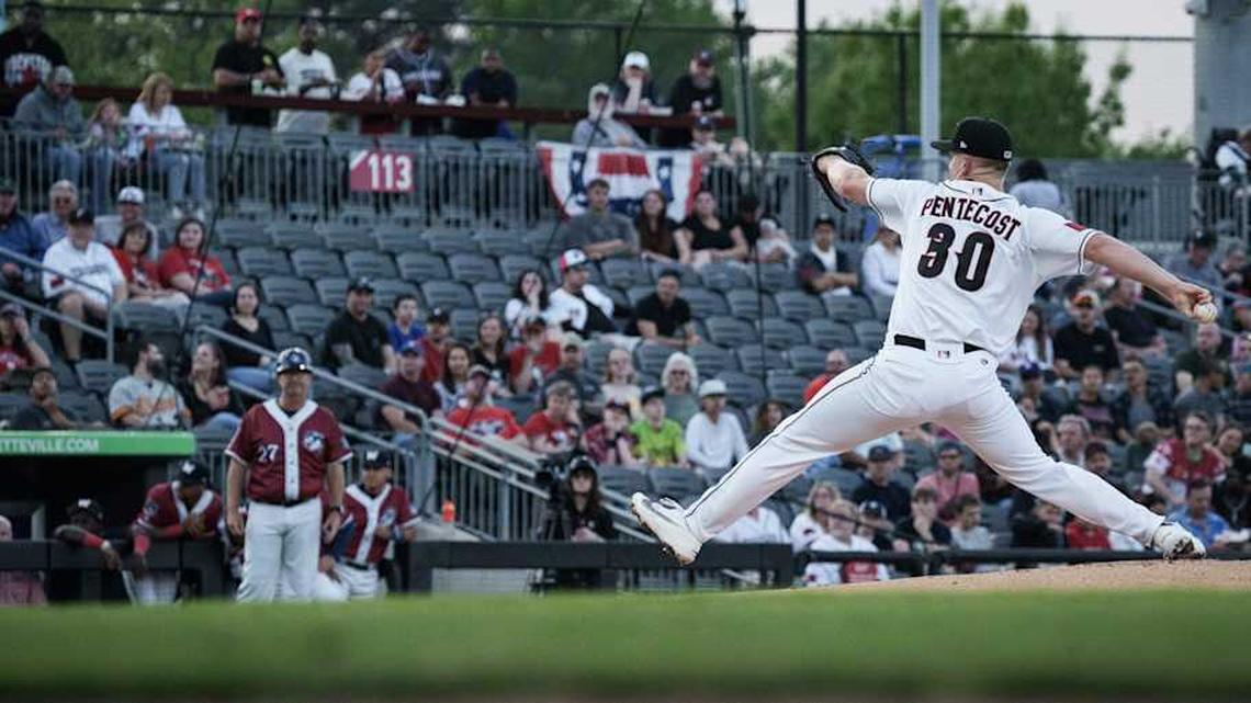  Fayetteville's Gabel Pentecost winds up a pitch for a Wilson batter on Friday, April 3, 2026, during Fayetteville's opening night game at Segra Stadium. | Andrew Craft / USA TODAY NETWORK via Imagn Images 
