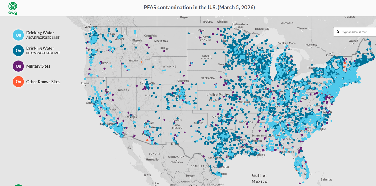  A screenshot of the Environmental Working Group’s PFAS contamination map, reflecting available data as of March 2026. 