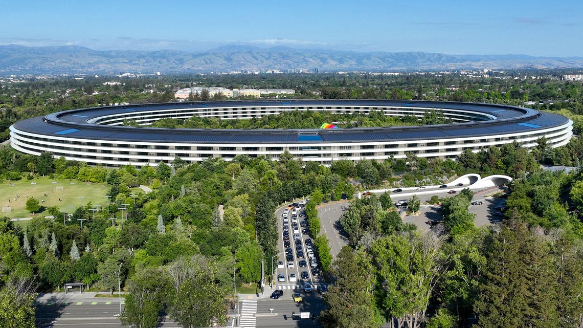 Vehicles leave the Apple Park campus via Apple Park Way to North Wolf Road in Cupertino, Calif., on Tuesday, April 14, 2026. (Nhat V. Meyer/Bay Area News Group)