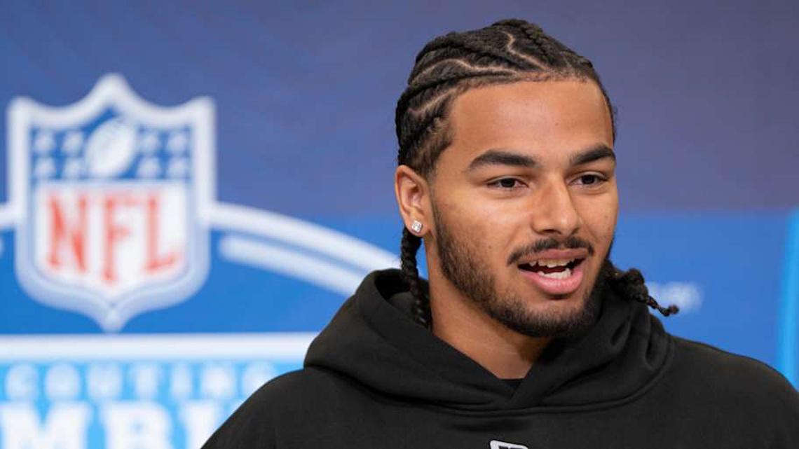  Feb 26, 2026; Indianapolis, IN, USA; Arizona defensive back Treydan Stukes (DB49) speaks to members of the media during the NFL Combine at the Indiana Convention Center. Mandatory Credit: Jacob Musselman-Imagn Images | Jacob Musselman-Imagn Images 