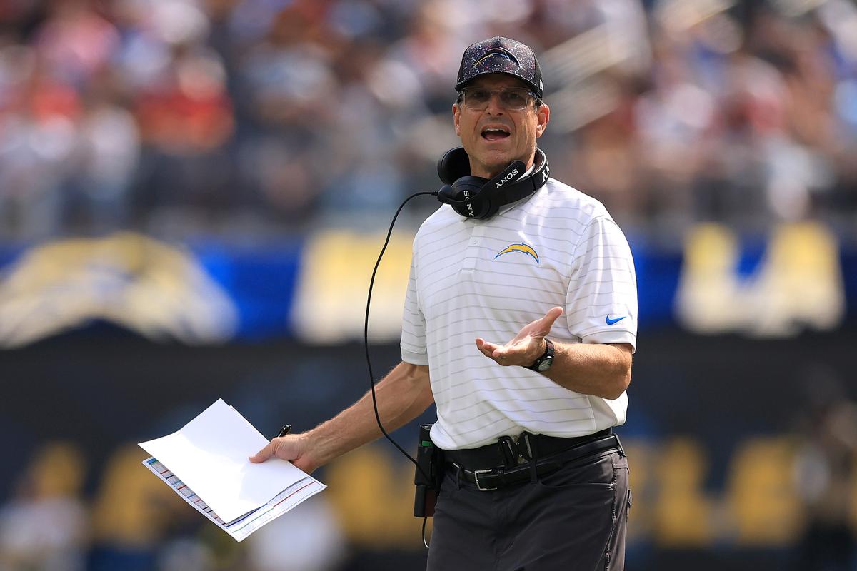 Los Angeles Chargers head coach Jim Harbaugh during action against the Washington Commanders at SoFi Stadium on Oct. 5, 2025, in Inglewood, California. (Luke Hales/Getty Images/TNS)
