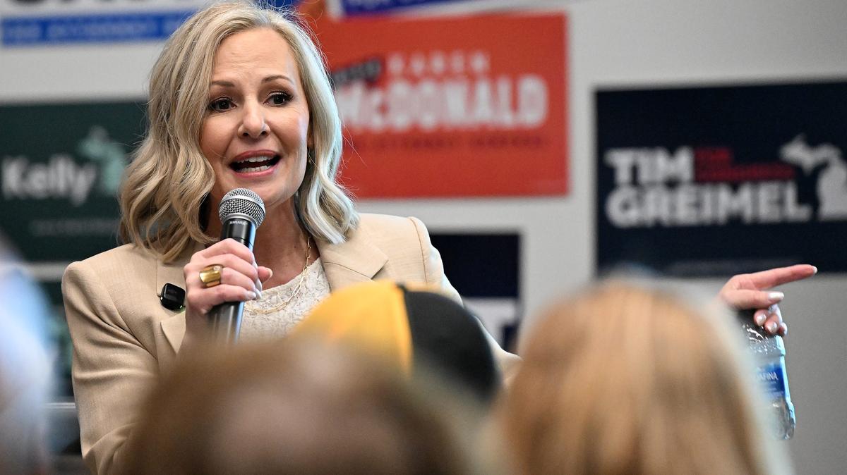 Oakland County Prosecutor Karen McDonald, who is running for attorney general, speaks to the 10th Congressional District caucus during the Michigan Democratic Party nominating convention at Huntington Place on April 19, 2026, in Detroit. (Robin Buckson/The Detroit News/TNS)