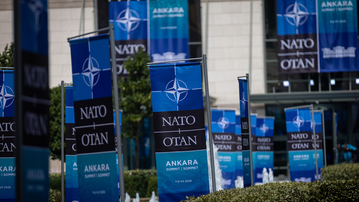 NATO banners are seen near the Bestepe Presidential Complex ahead of the 2026 NATO summit on July 6, 2026, in Ankara, Turkey. Ankara is preparing to host the NATO Summit 2026 on July 7-8, bringing together leaders from all 32 member states, including the president of the United States. (Burak Kara/Getty Images/TNS)