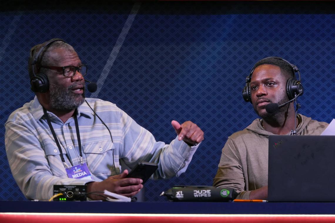  Feb 4, 2026; San Francisco, CA, USA; Rob Parker (left) and Kelvin Washington during the Odd Couple show on the Fox Sports radio set at the Super Bowl LX media center at the Moscone Center. Mandatory Credit: Kirby Lee-Imagn Images 