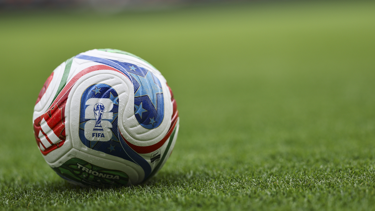 Houston Prepares to Host FIFA World Cup 2026. HOUSTON, TEXAS - JUNE 03: A detail view of the FIFA logo on an Adidas Trionda Pro Ball on June 03, 2026 in Houston, Texas. (Photo by Aaron M. Sprecher/Getty Images)