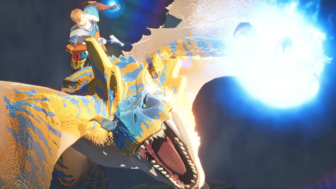 Players ride a Tigrex in battle in "Monster Hunter Stories 3: Twisted Reflection." (Capcom/TNS)