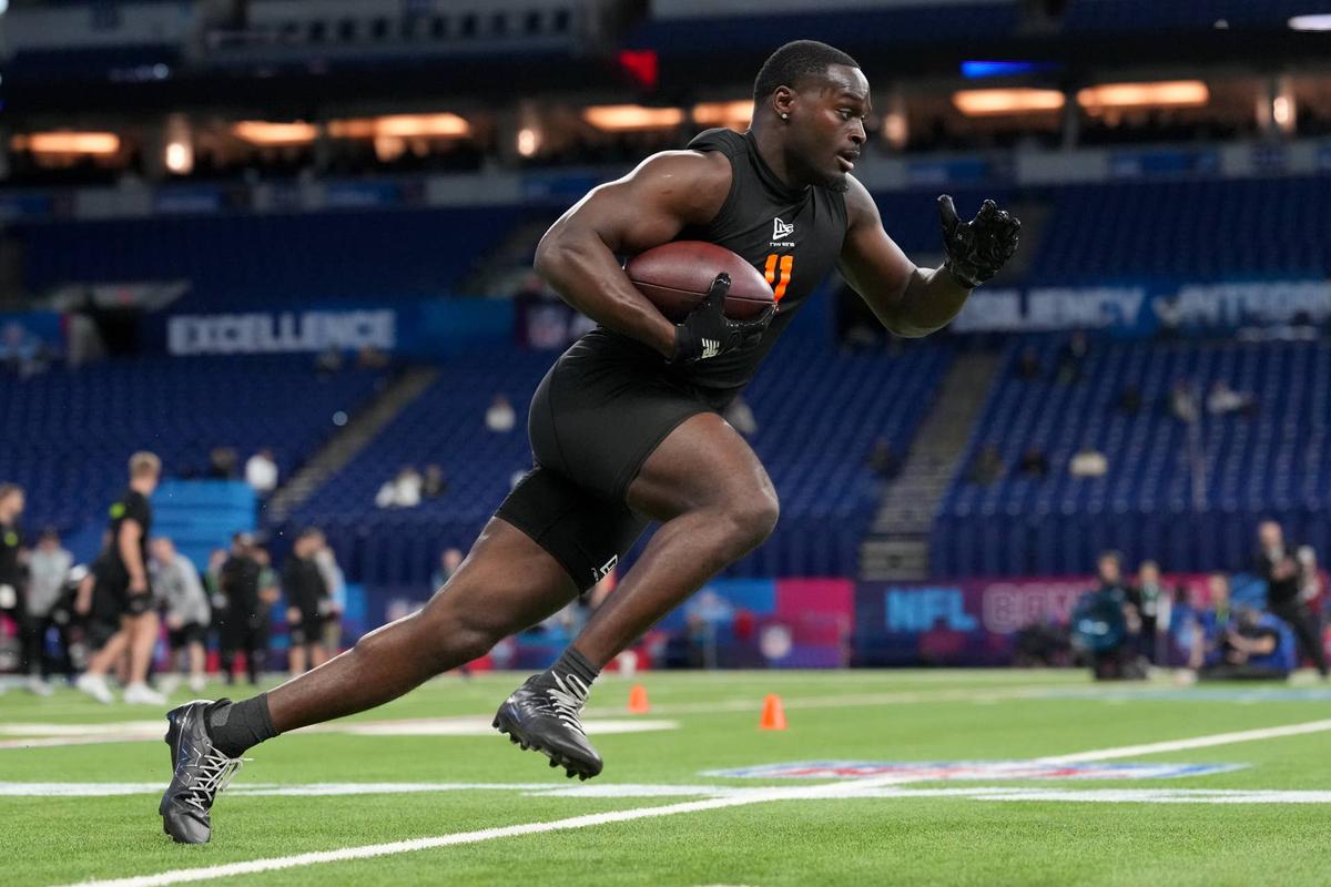  Notre Dame running back Jeremiyah Love during the NFL Scouting Combine at Lucas Oil Stadium. Kirby Lee-Imagn Images