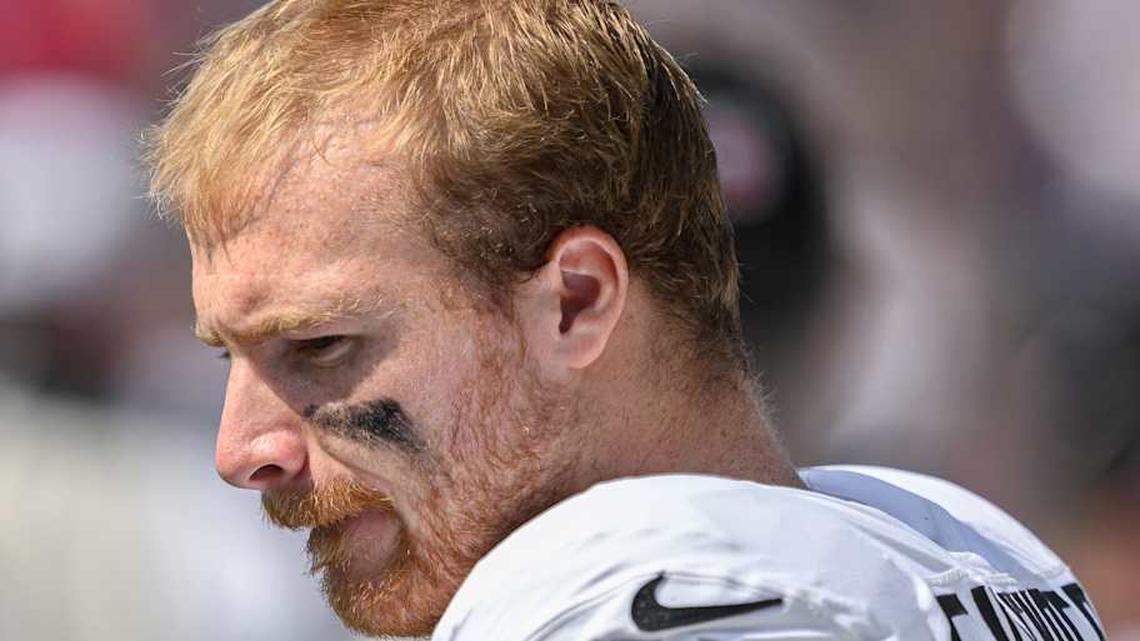  Sep 15, 2024; Baltimore, Maryland, USA; Las Vegas Raiders linebacker Tommy Eichenberg (45) looks on before the game against the Baltimore Ravens at M&T Bank Stadium. Mandatory Credit: Reggie Hildred-Imagn Images | Reggie Hildred-Imagn Images 