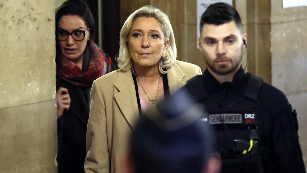 Marine Le Pen arrives at the Paris courthouse on the opening day of the appeal trial in her embezzlement case in Paris in January. Her appeal was denied Tuesday, but her ban on running for office was shortened, paving the way for her to run again. File Photo by Yoan Valat/EPA