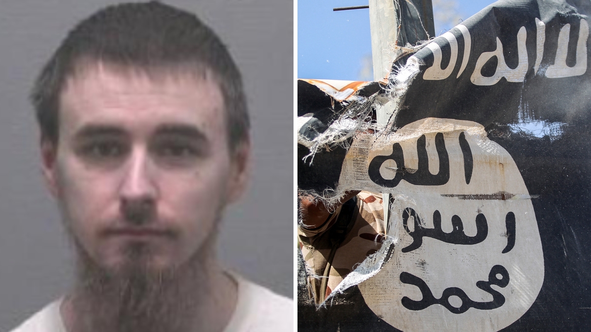 Alexander-Justin-White-30-and-ISIS-flag. Composite image shows Alexander Justin White, 30, and a lamp post bearing the logo of the Islamic State (IS) group in the town of Tal Afar, west of Mosul, on August 26, 2017.