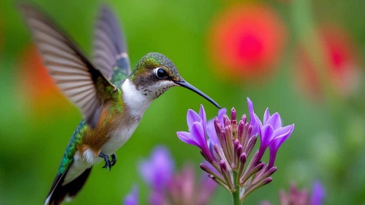 A Hummingbird flying near a cigar plant. 