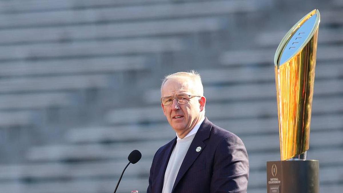  Jan 14, 2023; Athens, GA, USA; SEC commissioner Greg Sankey speaks at the Georgia Bulldogs national championship celebration at Sanford Stadium. Mandatory Credit: Brett Davis-Imagn Images | Brett Davis-Imagn Images 
