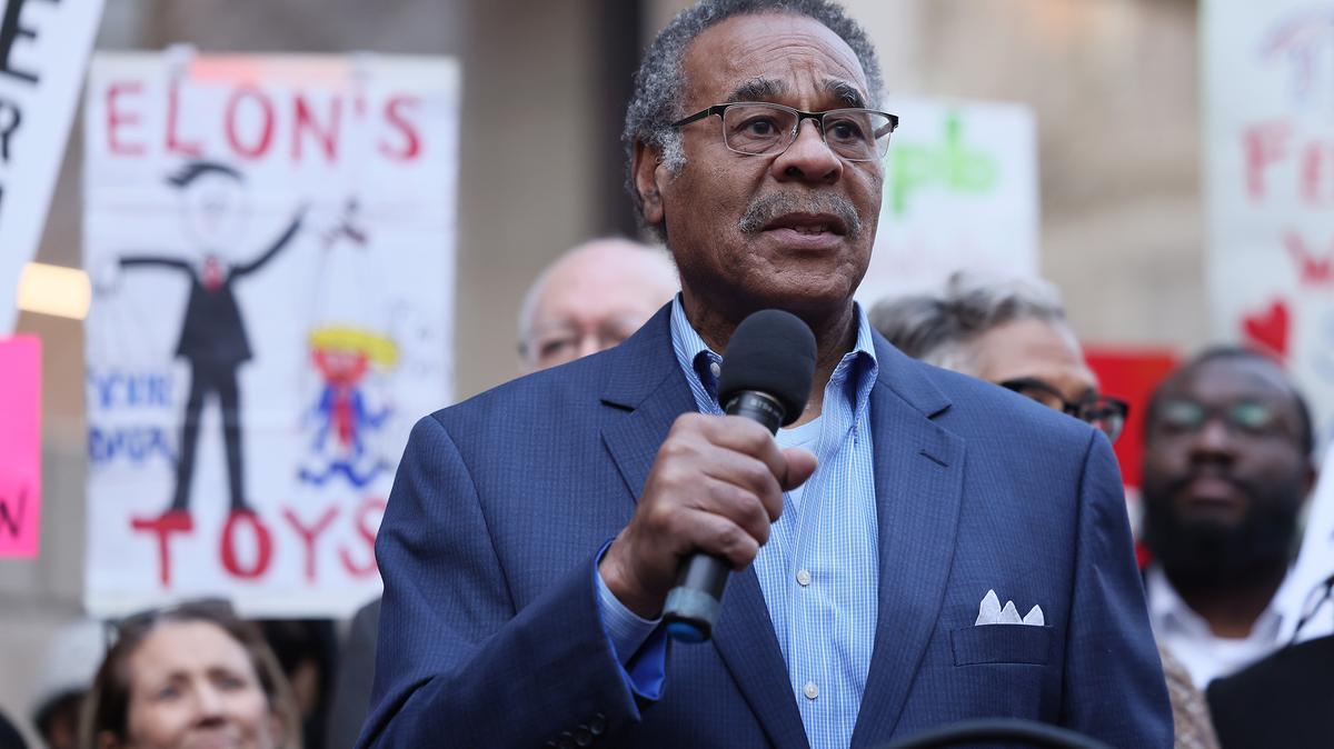 Rep. Emanuel Cleaver (D-Mo.) speaks as Congressional Democrats and CFPB workers hold a rally to protest the closing of the Consumer Financial Protection Bureau (CFPB) and the work-from-home order issued by CFPB Director Russell Vought outside its headquarters on Feb. 10, 2025, in Washington, D.C. (Jemal Countess/Getty Images for MoveOn/TNS)