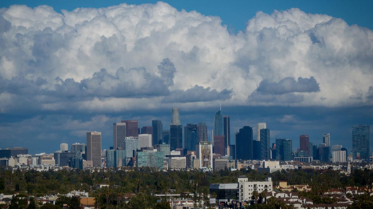 The downtown Los Angeles skyline with clouds on Tuesday, April 21, 2026, in Los Angeles, California. (Eric Thayer/Los Angeles Times/TNS)