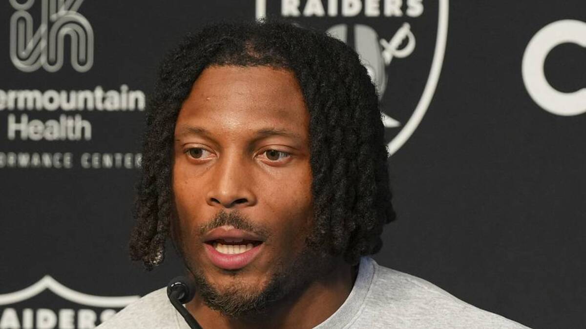  May 28, 2026; Henderson, NV, USA; Las Vegas Raiders wide receiver Tre Tucker (1) speaks during a news conference during organized team activities at Intermountain Health Performance Center. Mandatory Credit: Candice Ward-Imagn Images | Candice Ward-Imagn Images 