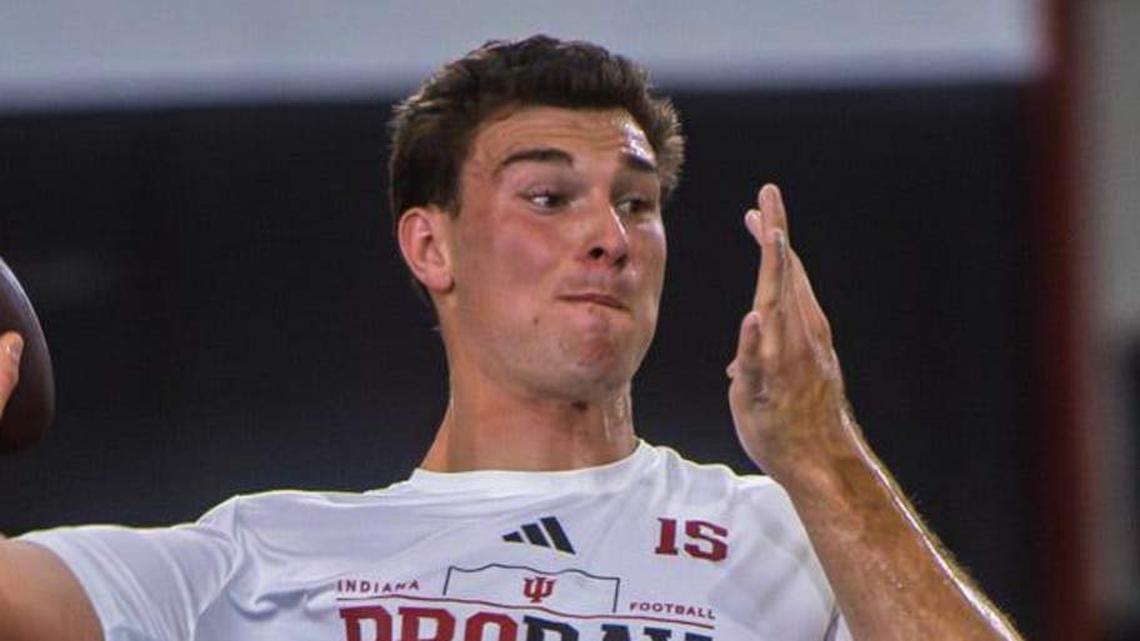  Fernando Mendoza participates in Indiana University's Pro Day at Mellencamp Pavilion on Wednesday, April 1, 2026. | Rich Janzaruk/Herald-Times / USA TODAY NETWORK via Imagn Images 