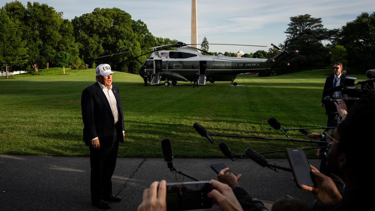 President Donald Trump speaks to reporters after arriving on the South Lawn of the White House on Friday, May 15, 2026. Abu Bilal al-Minuki, said to be the Islamic State's second-ranking leader, was killed after a helicopter-borne assault by commandos from both countries on Friday night, two U.S. officials said.