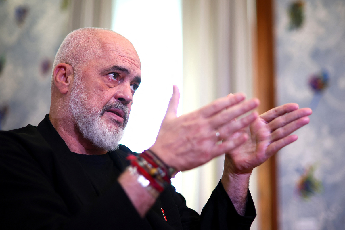 Albanian Prime Minister Edi Rama gestures during an interview with Reuters as Albanians protest against a planned luxury resort backed by a company linked to Jared Kushner, the son-in-law of U.S. President Donald Trump, on an environmentally sensitive part of the Adriatic coast, in Tirana, Albania, June 8, 2026. REUTERS/Florion Goga
