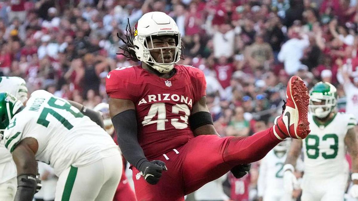  Arizona Cardinals linebacker Jesse Luketa (43) celebrates a sack against the New York Jets during the second quarter at State Farm Stadium in Glendale on Nov. 10, 2024. | Michael Chow/The Republic / USA TODAY NETWORK via Imagn Images 
